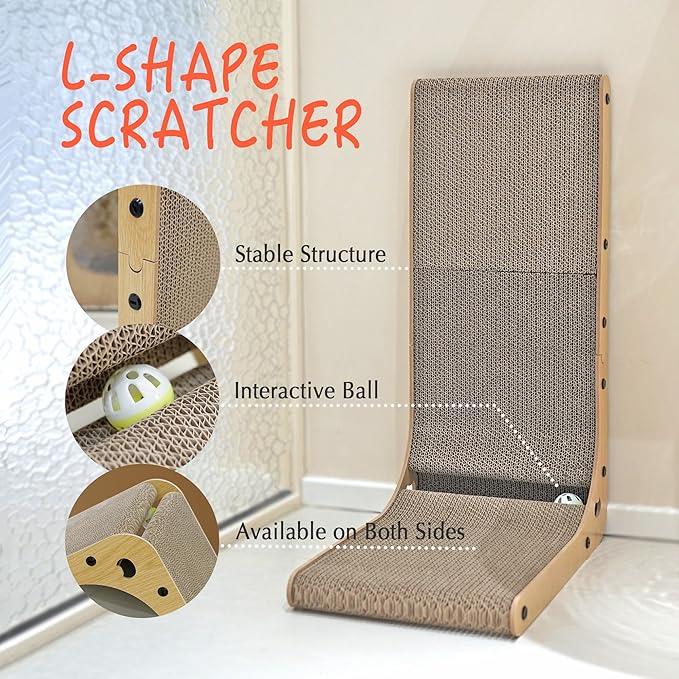 PETKARAY Cat Scratcher, Cat Scratching Board, L Shape Cat Scratch Pad for Indoor Cats, Floor Mounted Scratching Cardboard with Ball Toy
