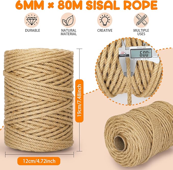 262FT/80M Cat Scratching Sisal Rope, 6mm 1/4inch Thick Natural Jute Rope for Scratch Posts, Cat Trees, DIY Projects, Sisal Rope for Scratcher with 2 Mouse Toys (Natural, 262ft)