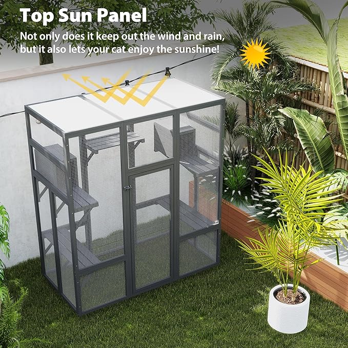 Large Stylish Wooden Catio Outdoor Cat Enclosure Cat Cage & Run Enclosures Indoor Kitty Window Catio with Waterproof Roof, 7 Platforms & 2 Resting Box, UV Resistant, 62.4" L x 32.4" W x 70" H (Grey)