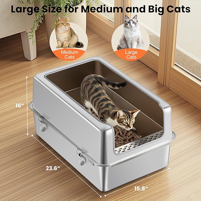 Stainless Steel Litter Box with Metal Lid and Scoop - Enclosed Metal Litter Box for Large Cats, Rust-Resistant, Odor-Control, Easy to Clean, Durable & Long-Lasting with Round Edge (XXL)