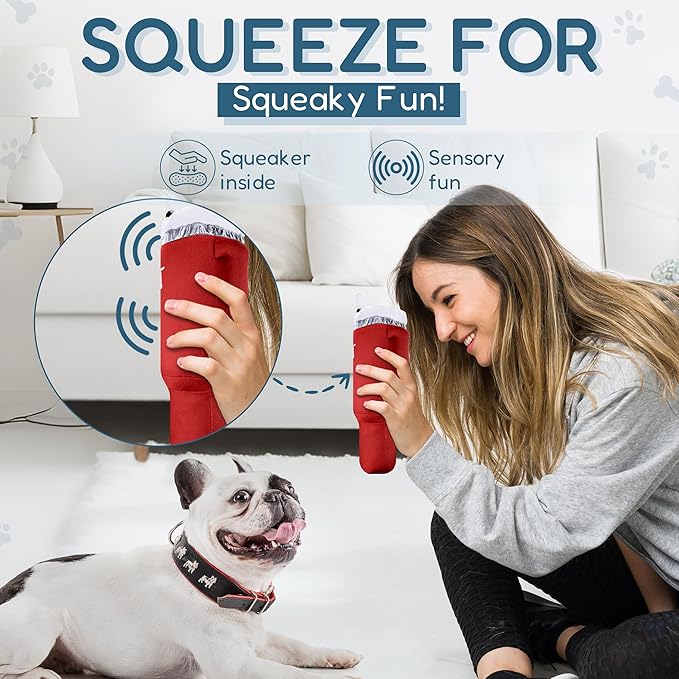 Pup Cup Tumbler Dog Toy – Birthday Dog Toy, Funny Squeaky Plush Puppy Gift, Cute Birthday Present (Ruby Red)