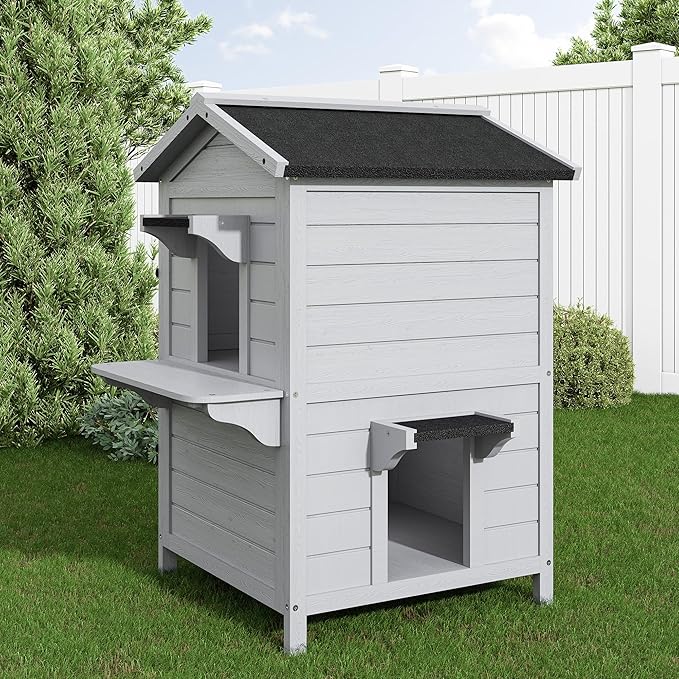 Outdoor Cat House for Multiple-Cats：Wooden Cat Shelter with Weatherproof Roof, Easy Access & Ventilation, Large Pet Catio for Feral Cats, Indoor Outside Use