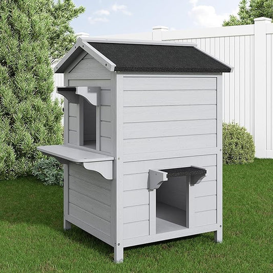 Outdoor Cat House for Multiple-Cats：Wooden Cat Shelter with Weatherproof Roof, Easy Access & Ventilation, Large Pet Catio for Feral Cats, Indoor Outside Use