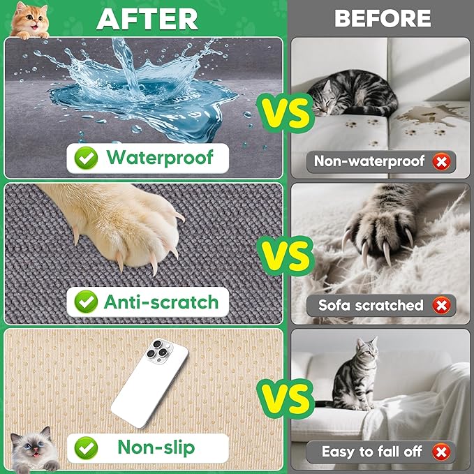 Loiion Cat Scratch Furniture Protector - Anti-Slip, Waterproof Sofa Cover to Keep Cats Off, Pet-Friendly Couch Protectors for 3 Cushion Couch, Gray Anti-Scratch Couch Cover for Pets and Kids 134"X71"