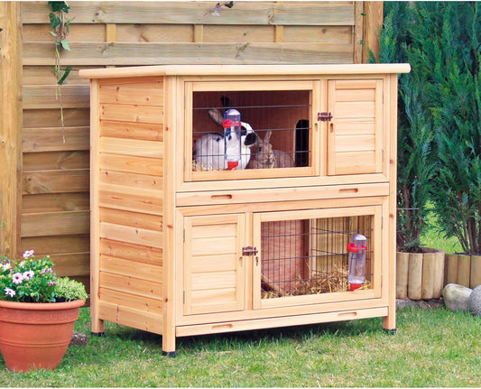 Trixie 2-Story Rabbit Hutch with Retreat Area, Non-Slip Ramp, Hinged Roof with Locking Arm, 4 Doors, 2 Metal Slide Latches, and Pull-Out Trays for Easy Cleaning