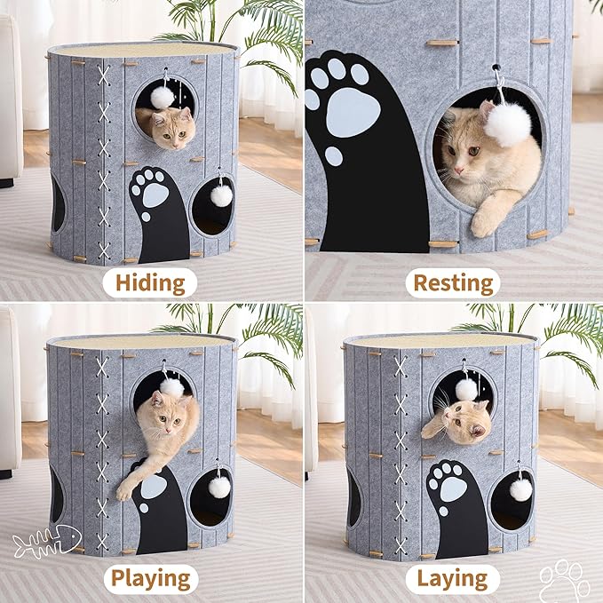 Cat House for Indoor Cats,2-Storey 23" x 15" x 23" Large Felt Covered Cat Cave for Multiple Cats,Clawsable Enclosed Cat Hideout Houses&Condos with Fluffy Ball, Cozy Scratch Resistant House