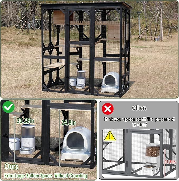 Catio Outdoor Cat Enclosure Wooden Cat House for Mulitiple Cats Walk-in Cage Window Acess with Heavy Duty Weather-Proof Asphalt Roof