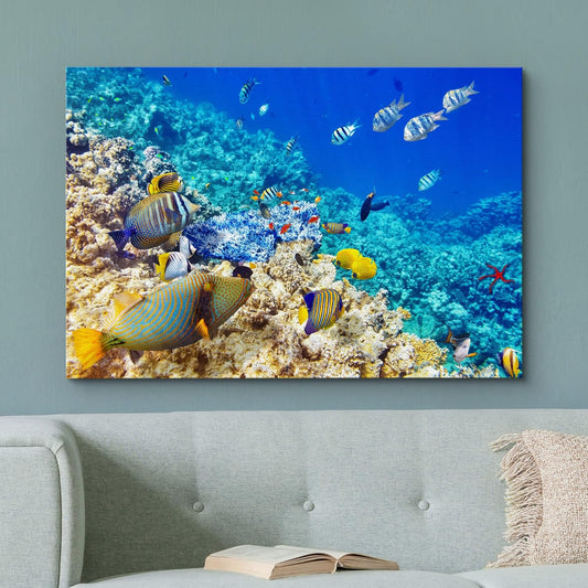wall26 Canvas Print Wall Art Underwater Neon Blue Teal Ocean Water Fish Nature Animals Photography Realism Rustic Scenic Landscape Wilderness Earth for Living Room, Bedroom, Office - 16"x24"