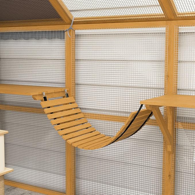 PawHut Large Catio Outdoor Cat Enclosure for Multiple Kittens, Wooden Cat House with Waterproof Cover, Walk in Kitty Cage Kennel with 2 Condos, 6 Platforms, Bridge, Doors, 110" x 73" x 74", Yellow