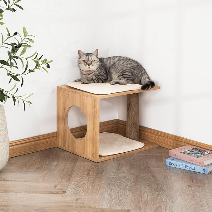Modern Cat Tree & Condo - Natural Wooden Cat House Indoor with Cozy Kitten Bed, Elevated Perch & Integrated Scratching Post - Stylish Cat Furniture (18.3" D x 14.6" W x 14.6" H)