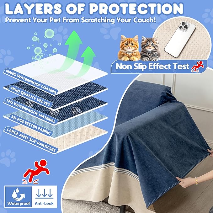 Cat Scratch Furniture Protector - Anti-Slip, Waterproof Sofa Cover to Keep Cats Off, Pet-Friendly Couch Protectors for 3 Cushion Couch, Anti-Scratch Couch Cover for Pets and Kids 118"X91"Navy Blue