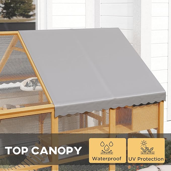 PawHut Large Catio Outdoor Cat Enclosure for Multiple Kittens, Wooden Cat House with Waterproof Cover, Walk in Kitty Cage Kennel with 2 Condos, 6 Platforms, Bridge, Doors, 110" x 73" x 74", Yellow