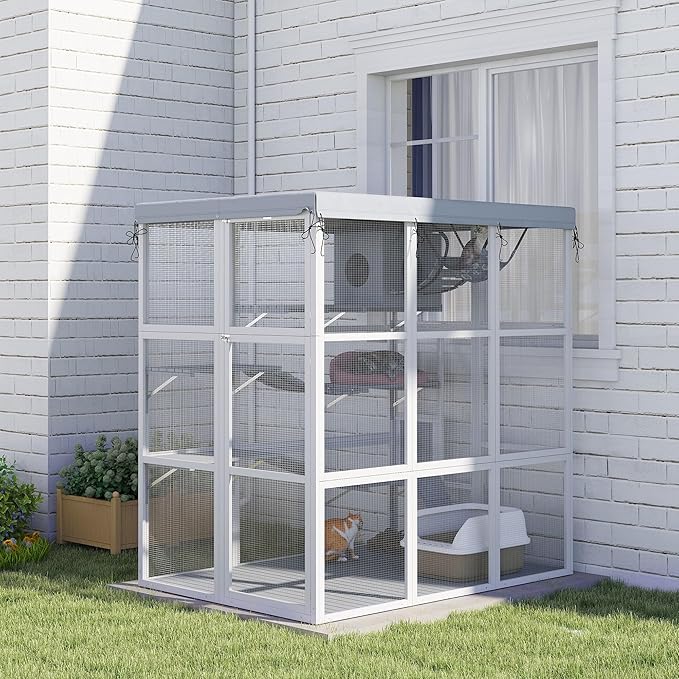 PawHut Catio Outdoor Cat Enclosure, Large Luxury Cat House Outside with Hammock, Condo, Jump Platforms, Ladders, Ramps, Tarp, Walk in Cat Cage for 2-4 Large Cats, 71"