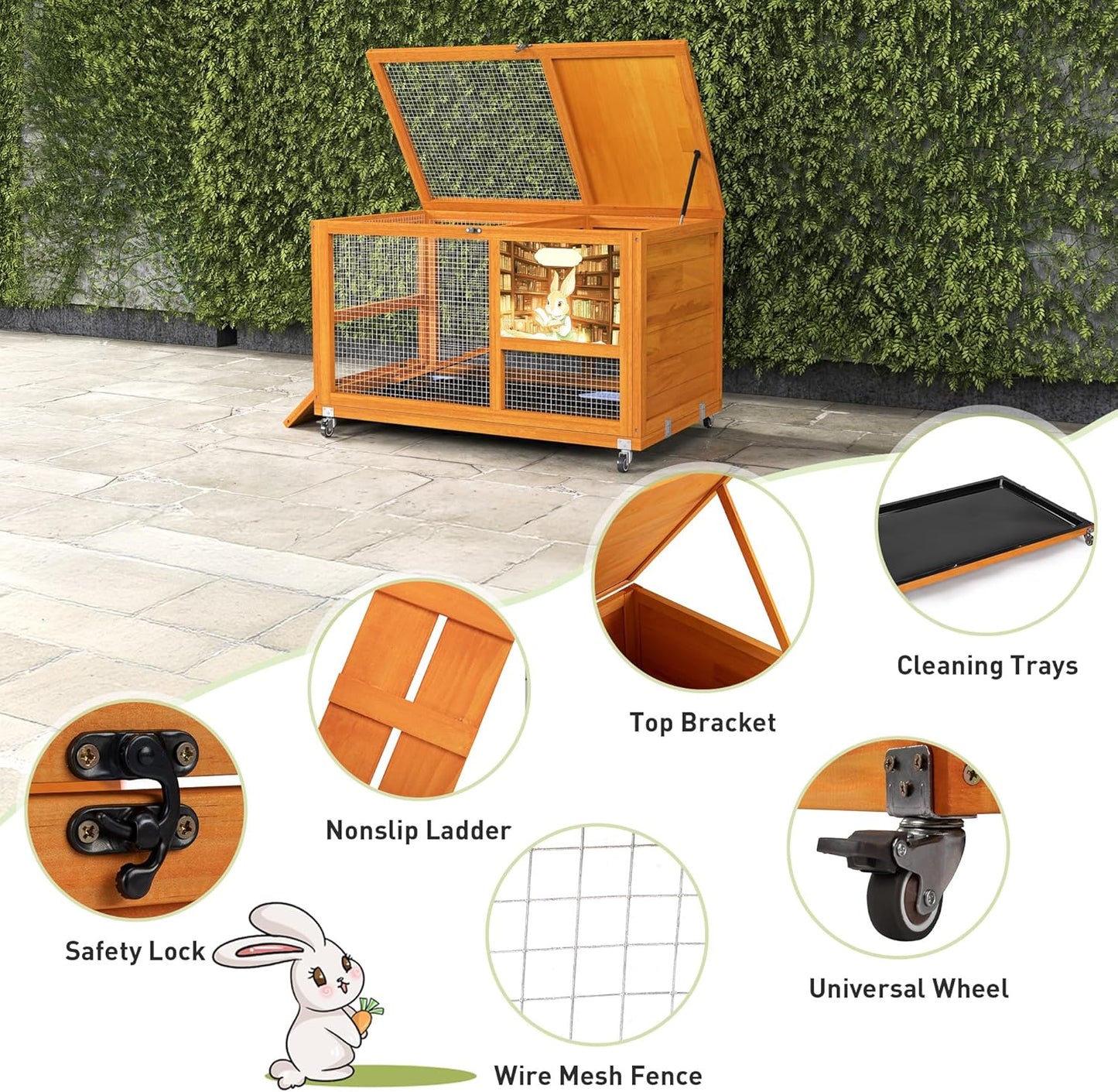 COZIWOW Wooden 36Inches Rabbit Hutch Indoor with Wheels Bunny Cage Outdoor Rabbit Cage with Clean Tray, Openable Roof, Anti-Slip Ramp for Small Bunny (Orange with Pattern)