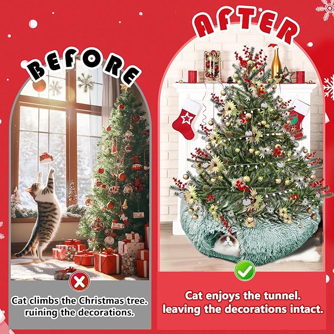 Cat Tunnel Bed for Indoor Cats, Catasaurus Peekaboo Cat Cave with Washable Soft Play Mat, Furry Cat Tube, for Kitten/Puppy/Rabbit, Green