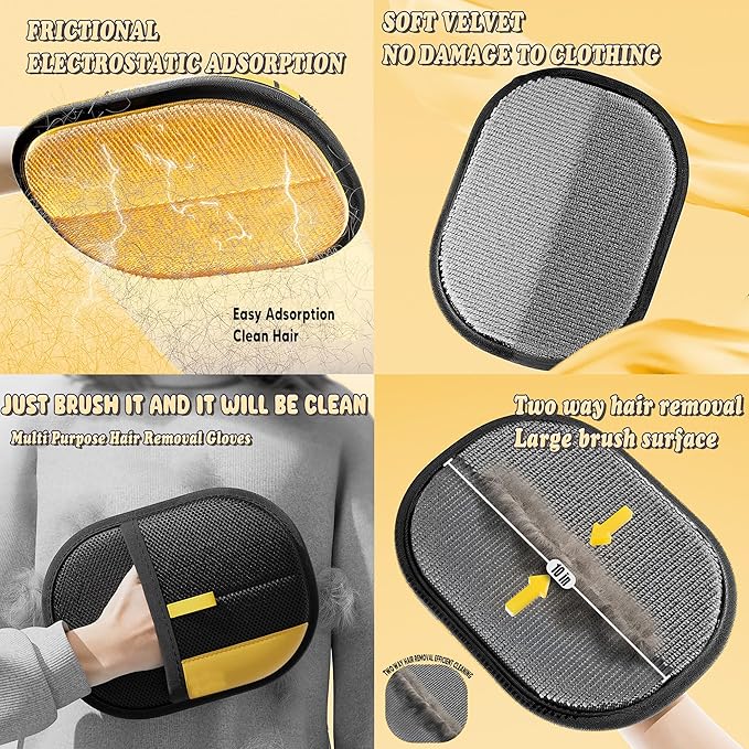 Pet Hair Removal Glove, Self Cleaning Pet Flea Comb Grooming Brush & Cat Brush - 3-in-1 Electrostatic Gloves Pet Hair Remover for Furniture, Clothes, Bedding