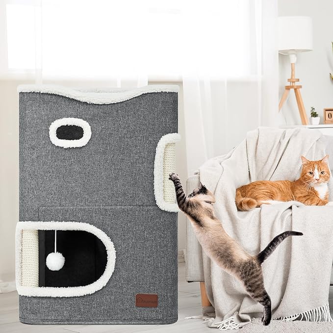YITAHOME 2 Storey Cat House, Cat Beds for Indoor Cats, Small Cat Condo with Scratch Post and Hideaway Cave, Modern Cat Cube Playhouse for Multi Kittens, Classic Style, Grey