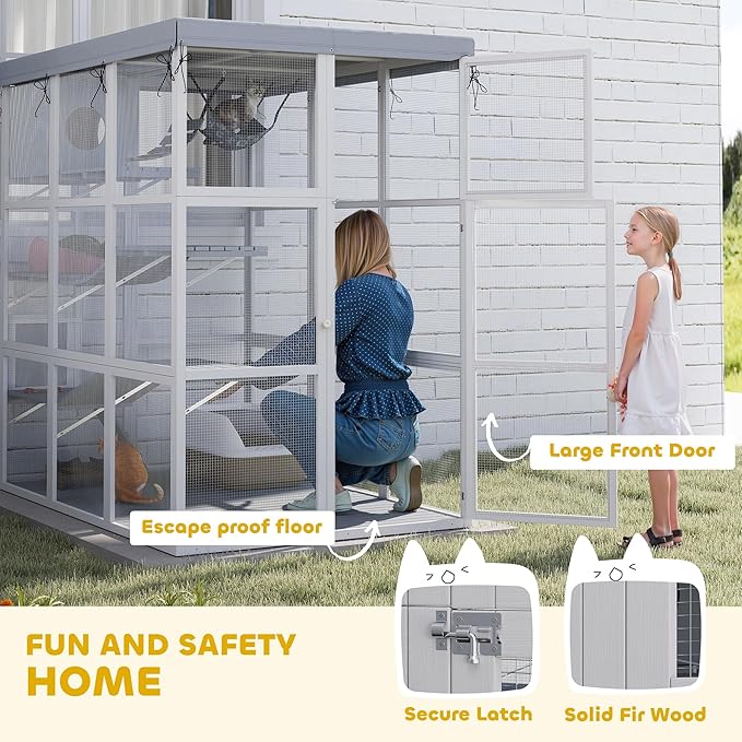 PawHut Catio Outdoor Cat Enclosure, Large Luxury Cat House Outside with Hammock, Condo, Jump Platforms, Ladders, Ramps, Tarp, Walk in Cat Cage for 2-4 Large Cats, 71"