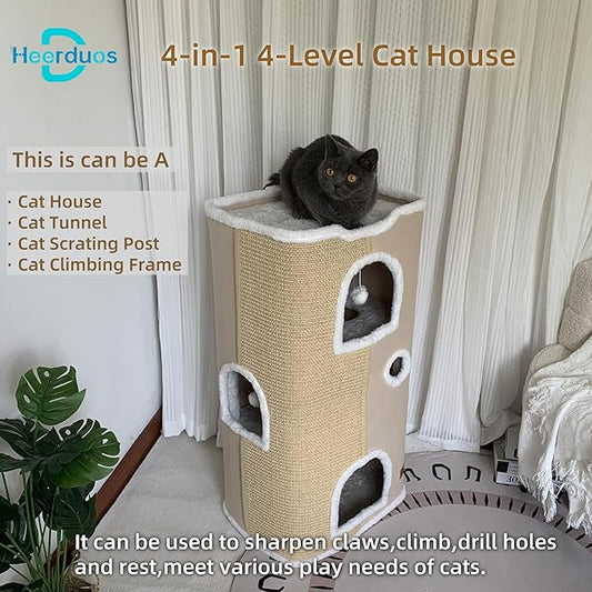 Cat House - Large Cat Cave with Fluffy Ball Hanging and Scratch Pad, Foldable 16.9x15x13 inches