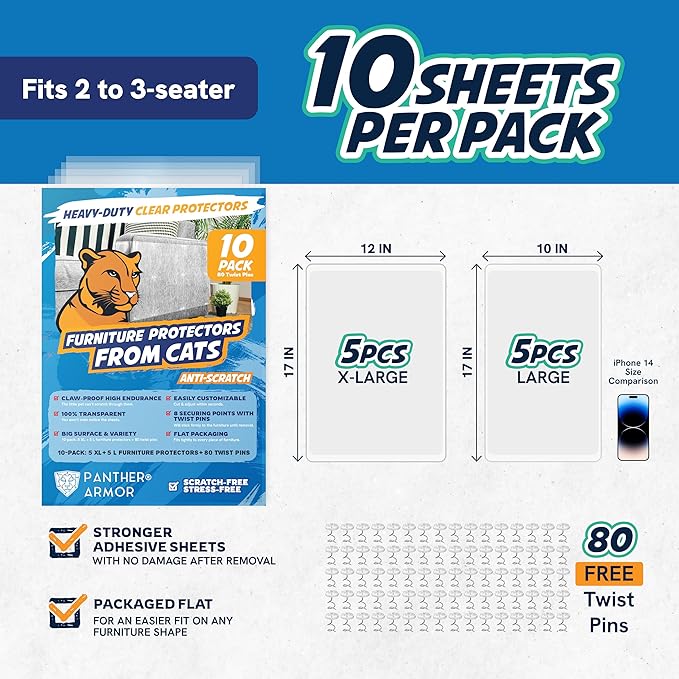 Panther Armor 10-Pack Furniture Protectors from Cats, w/ 60 Pins (Optional for Extra Security), Couch Protector for Cats, Anti Cat Scratch Furniture Guards, Sofa Corner Scratching Training Tape