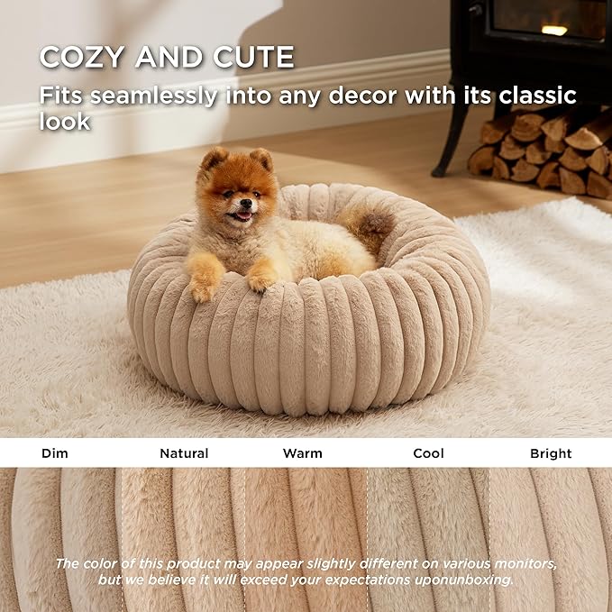 Bedsure Donut Small Dog Bed - Dog Beds for Small Dogs with Corduroy Fleece & Anti Slip Bottom, Round Faux Fur Pet Beds with Washable Removable Cover, Sandy Tan, 23x23x7 inches