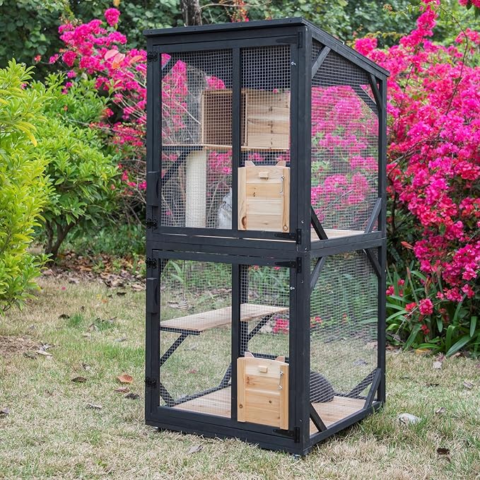4 Tiers 70.9" H Cat Catio Cat House Outdoor Enclosure Window Large Outside Patio with Removable Floor, Scratching Post Sisal Ball 4 Wheels Waterproof Roof