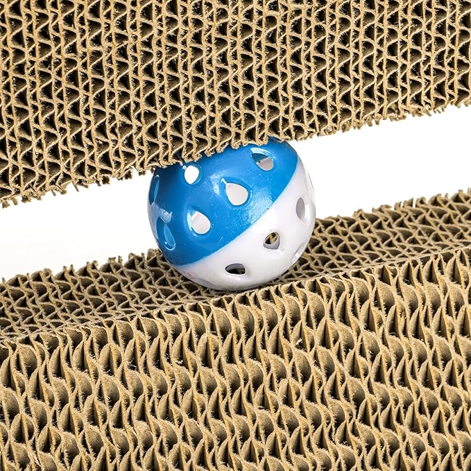 L Shape Cat Scratcher, 26 Inch Cat Scratch Pad, Cat Scratching Board with Built-in Ball Toy, Indoor Cats Cardboard Lounge Bed, Wall Mounted Cat Scratcher for Wall and Furniture Protection