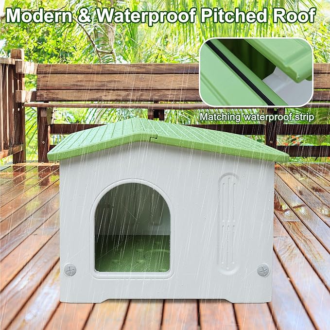 Plastic Cat House for Outdoor Use, Stackable Feral Cat Shelter Indoor Outside Cat House Insulated Weatherproof Waterproof with Cat Mat - Green