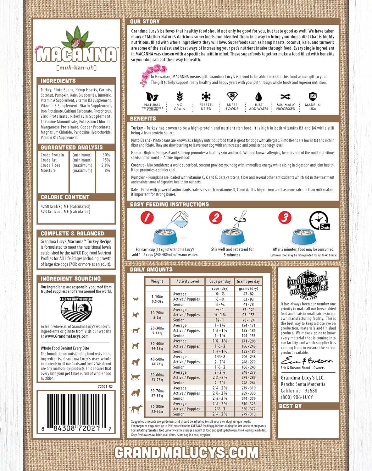 Macanna Grandma Lucy's Grain-Free Turkey Freeze-Dried Dog Food 3 Lbs., Brown