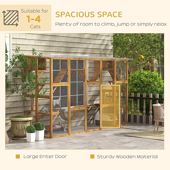PawHut Catio Outdoor Cat Enclosure Window, Outdoor Cat House with Weather Protection Roof for Multiple Kitties, Wooden Frame, Shelves & Bridges, 118" x 37.5" x 74", Yellow