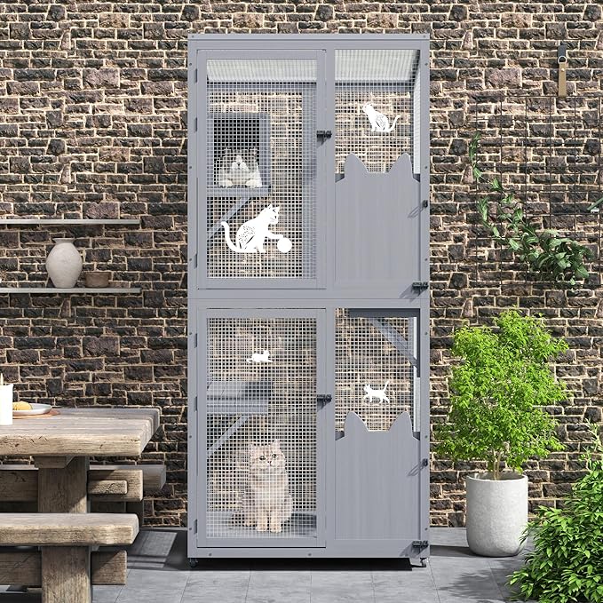 COZIWOW Catio Outdoor Cat Enclosure Window Access, Outdoor Cat House with Wheels, Cage for Cats Indoor(Grey, Medium)