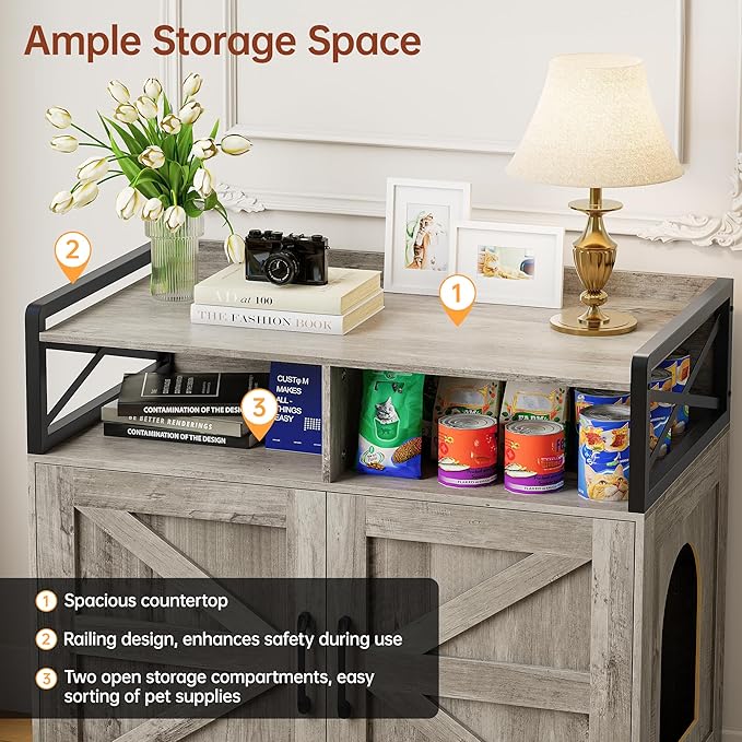 Cat Litter Box Enclosure, Ultra-Large Hidden Litter Box Furniture with Top Opening, Anti-Tipping Fence and 2 Open Drawers, Litter Box Cabinet End Table, Grey