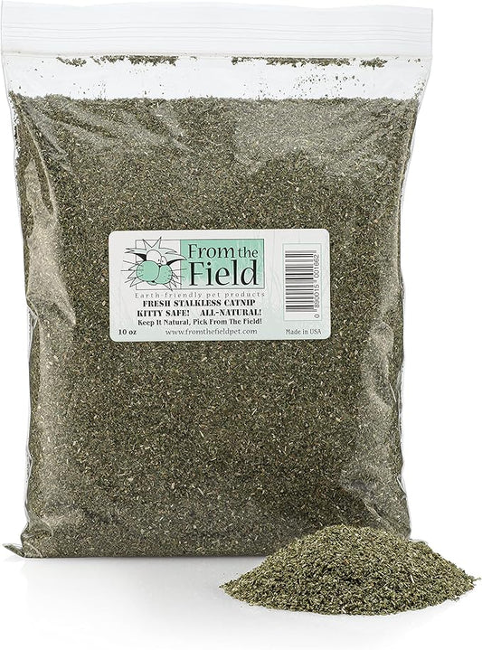 from The Field | Fine Ground Stalkless Catnip | Premium USA-Grown Catnip for Toys & Playtime | Fresh, Potent, Non-Toxic, Eco-Friendly | Safe for Kittens & Cats | Resealable 10 Oz Bag