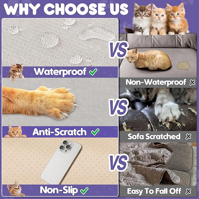 Cat Scratch Furniture Protector - Anti-Slip, Waterproof Sofa Cover to Keep Cats Off, Pet-Friendly Couch Protectors for 3 Cushion Couch, Beige Anti-Scratch Couch Cover for Pets and Kids 118"X71"