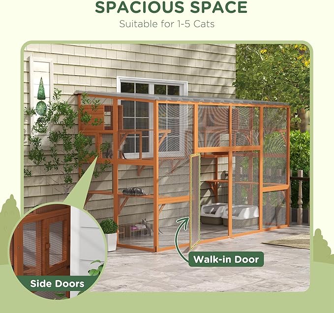 PawHut Catio, Outdoor Cat Enclosure Window Box, Wooden Cat House Playground with Scratching Posts, Weather Protection Roof for 1-5 Kitties, Resting Boxes, 118" x 55" x 75.5", Orange
