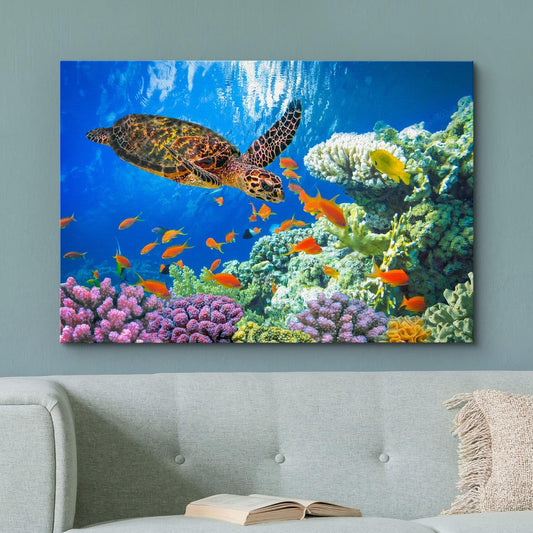 wall26 Canvas Print Wall Art Vibrant Neon Underwater Turtle, Reef & Fish Nature Animals Photography Realism Rustic Scenic Landscape Wilderness Colorful for Living Room, Bedroom, Office - 32"x48"