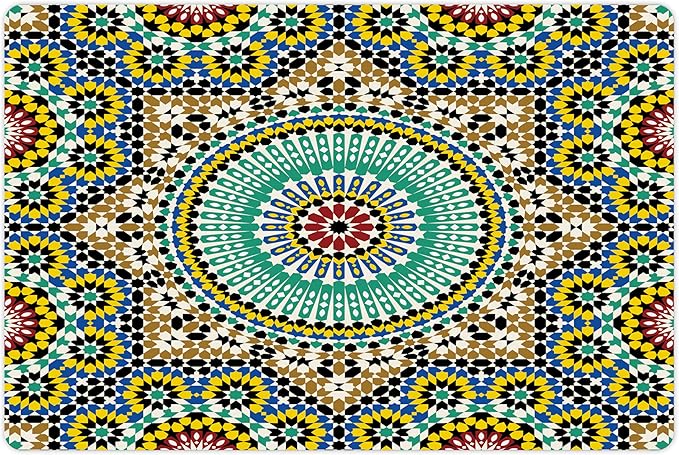Lunarable Moroccan Pet Mat for Food and Water, Architectural Glaze Wall Tile Ceramic Historical Traveling Destinations, Non-Slip Rubber Mat for Dogs and Cats, 18" X 12", Khaki Blue
