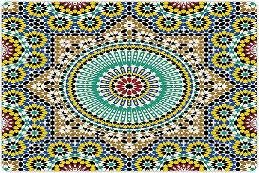 Lunarable Moroccan Pet Mat for Food and Water, Architectural Glaze Wall Tile Ceramic Historical Traveling Destinations, Non-Slip Rubber Mat for Dogs and Cats, 18" X 12", Khaki Blue