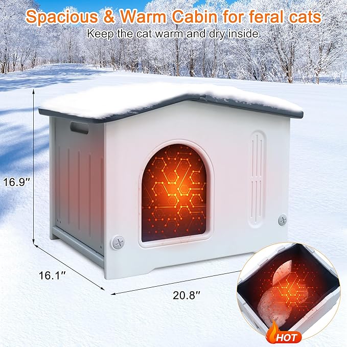 Rockever Plastic Outdoor Indoor Cat House with Insulated Liner, 100% Insulated Outdoor Cat Houses for Winter Feral Cats, Waterproof Escape Door Design, Assemble Easily-Grey
