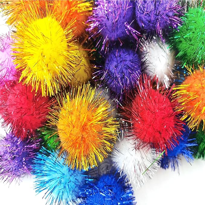 1.8 Inch Assorted Color Flash Ball Cat's Favorite Toy Ball Tinsel Pom Poms Flash for Kittens Exercise and Multiple Cats Play and Chase, 100Pcs