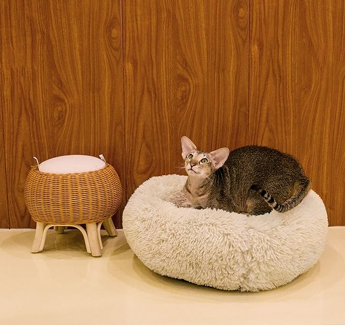 Calming Cat Bed - Anti Anxiety Round Fluffy Plush Faux Fur, Washable 23 inches Small Dog & Cat Bed
