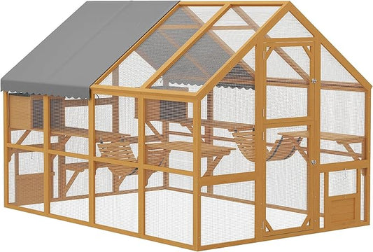 PawHut Large Catio Outdoor Cat Enclosure for Multiple Kittens, Wooden Cat House with Waterproof Cover, Walk in Kitty Cage Kennel with 2 Condos, 6 Platforms, Bridge, Doors, 110" x 73" x 74", Yellow