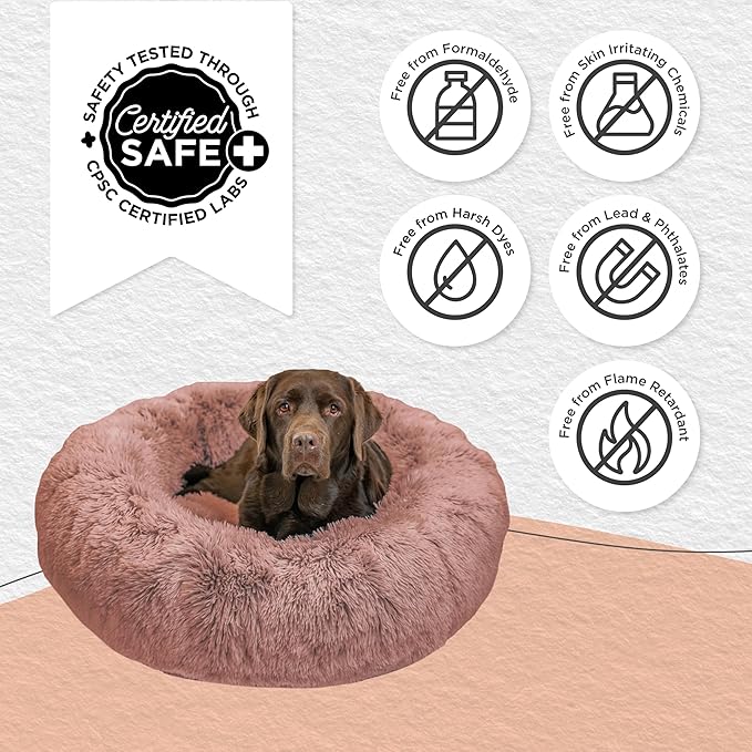 Best Friends by Sheri Original Calming Donut Dog and Cat Bed, Shag Faux Fur, Dusty Rose, (36in x 36in) - Anxiety Relief for Pets Up to 100 lbs