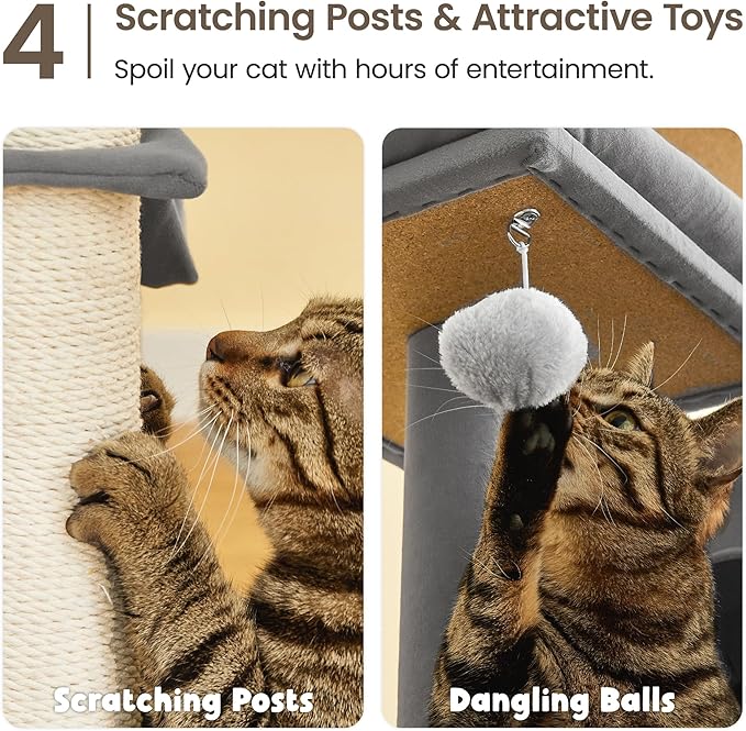 MWPO Large Modern Cat Tree, 70.1-Inch Wood Cat Tower for Indoor Cats, Multi-Level Tall Cat Condo with 2 Padded Perches, Hammock, Scratching Posts, Dangling Toys, Light Grey