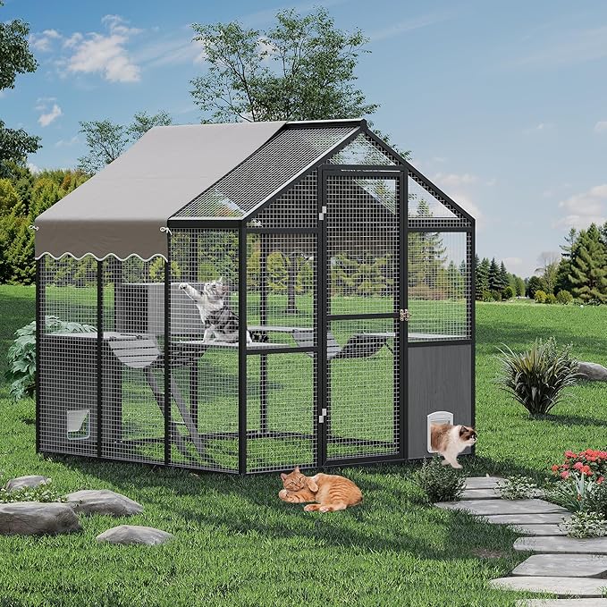 Aluminum Walk-In Large Outdoor Cat Enclosure, Large Outdoor Catio for Multiple Cats, Outside Cattery with Weatherproof Roof with Channels, Side Door, UV Proof Cover, Huge Condo, Platform