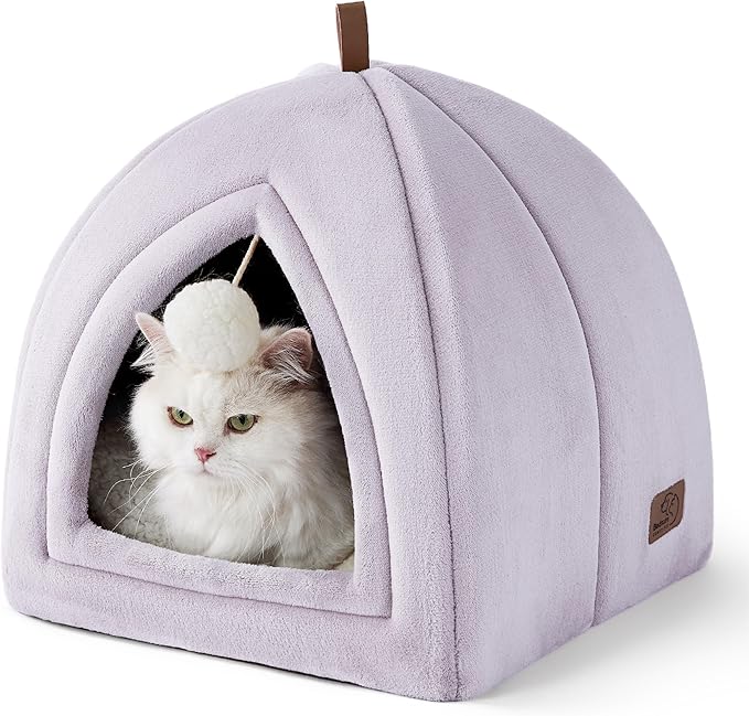 Bedsure Cat Beds for Indoor - 2 in 1 Cat Cave House Tent for Kittens and Small Pets with Removable Washable Cushioned Pillow, Foldable Kitten Hideaway with Non-Slip Bottom, Purple, 16 inches