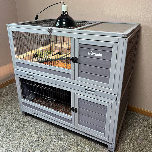 Rabbit Hutch Indoor Outdoor Bunny Hutch Pull Out Tray Guinea Pig Cage with Bottom Wire-Netting, On Wheels (Gery) 39.4" L x 24.6" W x 39" H