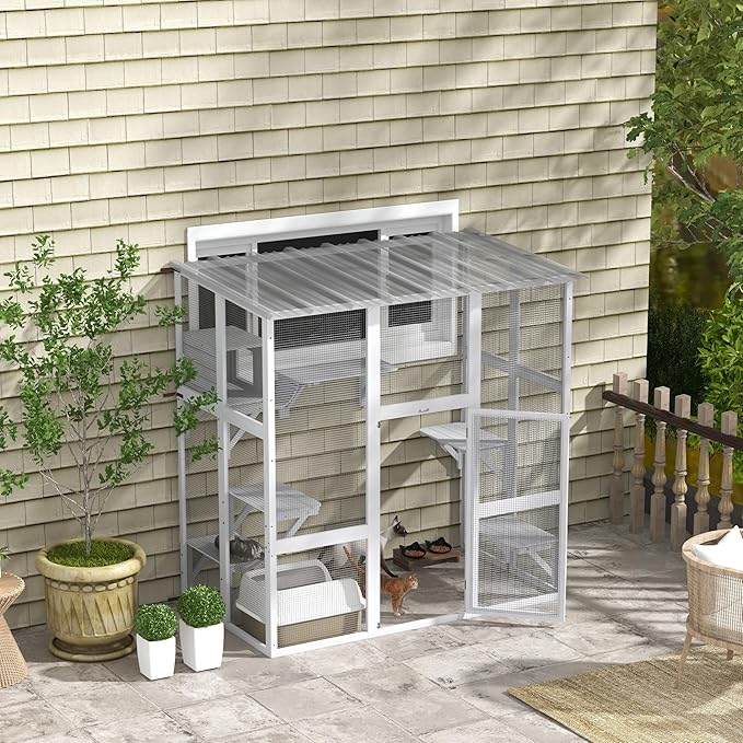 PawHut Catio Outdoor Cat Enclosure Window Box, Wooden Cat House Playground with Scratching Posts, Weather Protection Roof for 1-2 Kitties, Resting Boxes, 68" x 35.5" x 70.5", White