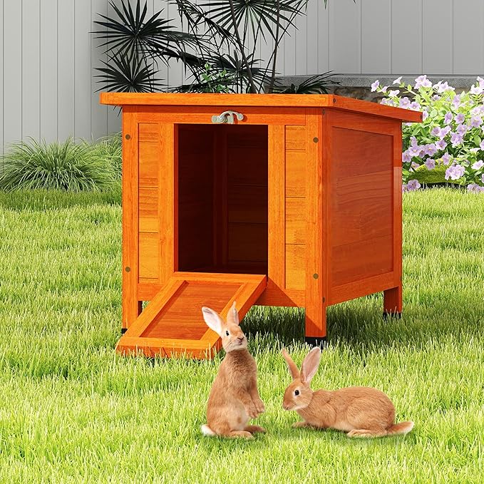 Coziwow Rabbit Hutch, Outdoor Cat House Weatherproof, Bunny Cage Indoor with Openable, Portable Small Animals Shelters with Nonslip Ramp for Hideout Rabbits/Feral Cats/Chicken/Small Animals-Orange