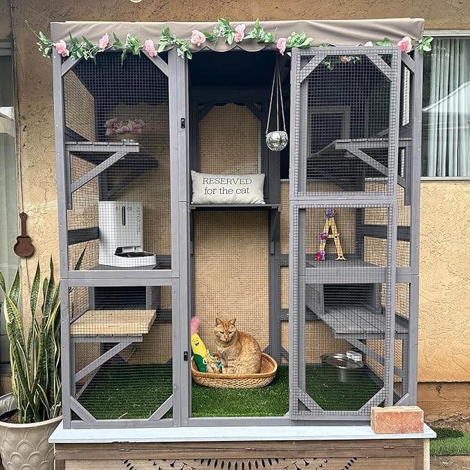 Aivituvin Cat House Outdoor Catio Kitty Enclosure with Super Large Enter Door,Wooden Cat Cage Condo Indoor Playpen with Platforms,Small House,70 Inch